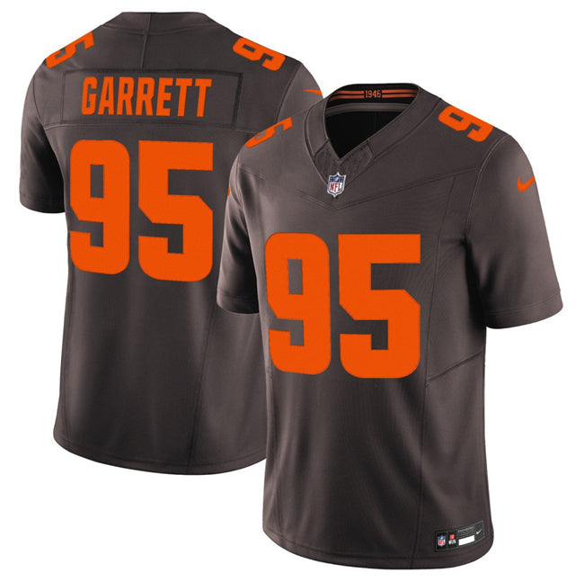 Mens Cleveland Browns #95 Myles Garrett Brown 2025 FUSE Alpha Dawg Limited Stitched Football Jersey