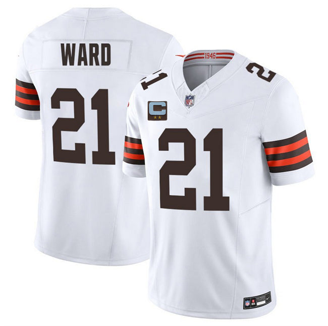 Mens Cleveland Browns #21 Denzel Ward White 2025 FUSE With 2-Star C Patch Vapor Limited Stitched Football Jersey
