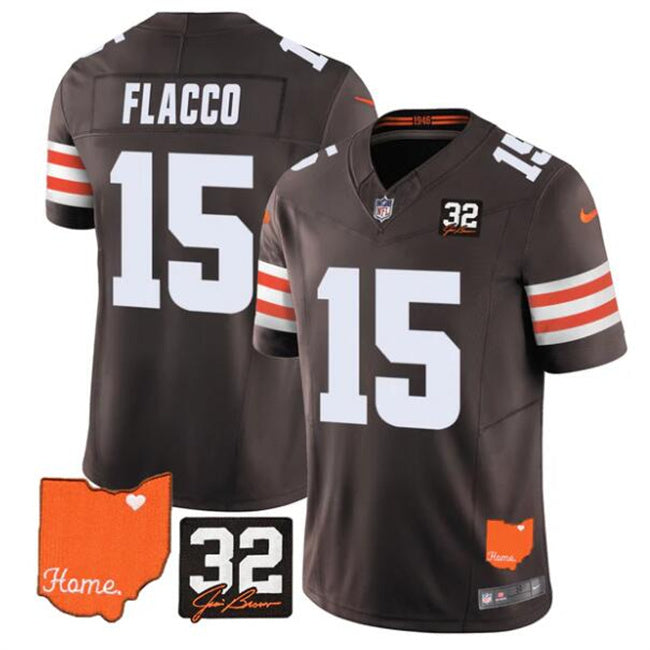 Mens Cleveland Browns #15 Joe Flacco Brown 2025 FUSE With Jim Brown Memorial Home Patch Vapor Limited Stitched Football Jersey