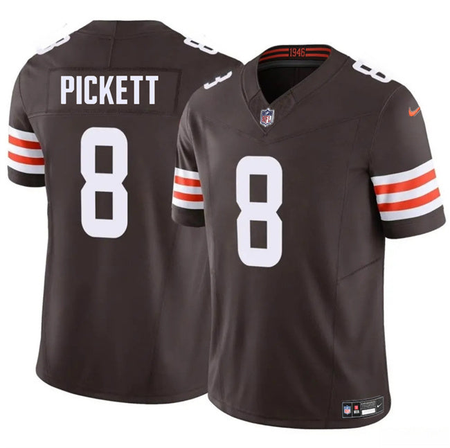 Mens Cleveland Browns #8 Kenny Pickett Brown 2025 FUSE Vapor Limited Stitched Football Jersey