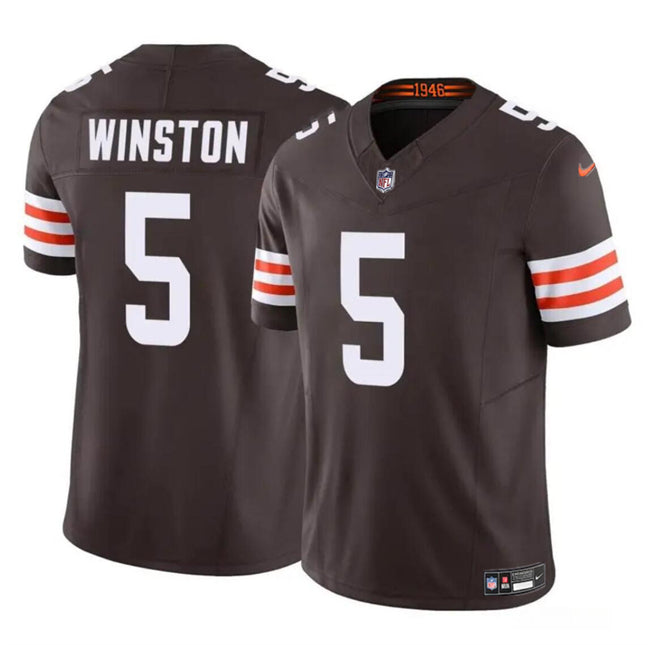 Mens Cleveland Browns #5 Jameis Winston Brown 2023 FUSE Vapor Limited Stitched Football Jersey