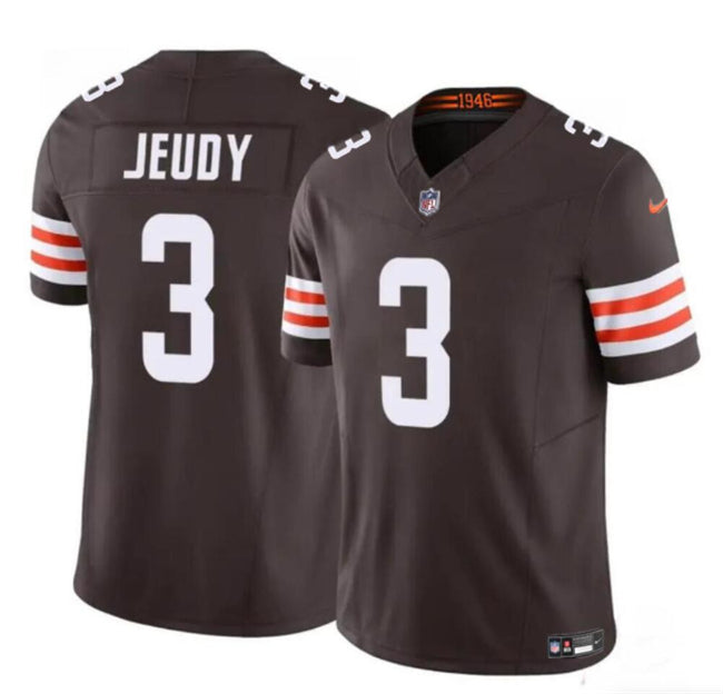 Mens Cleveland Browns #3 Jerry Jeudy Brown 2023 FUSE Vapor Limited Stitched Football Jersey