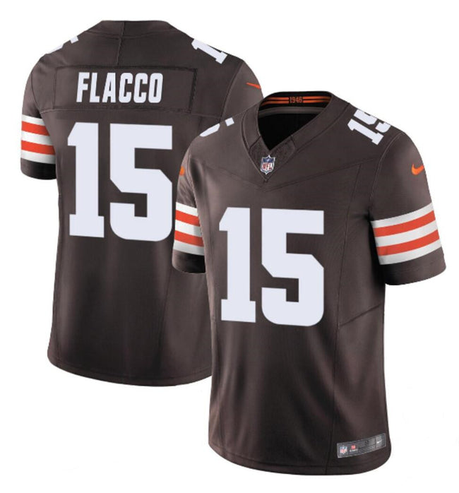 Mens Cleveland Browns #15 Joe Flacco Brown 2023 FUSE Vapor Limited Stitched Football Jersey