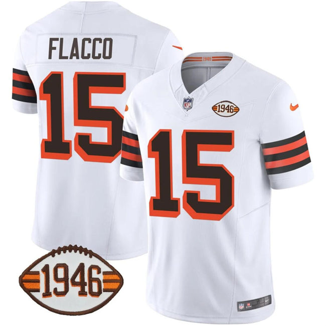 Mens Cleveland Browns #15 Joe Flacco White 2023 FUSE 1946 Collection Vapor Limited Stitched Football Jersey