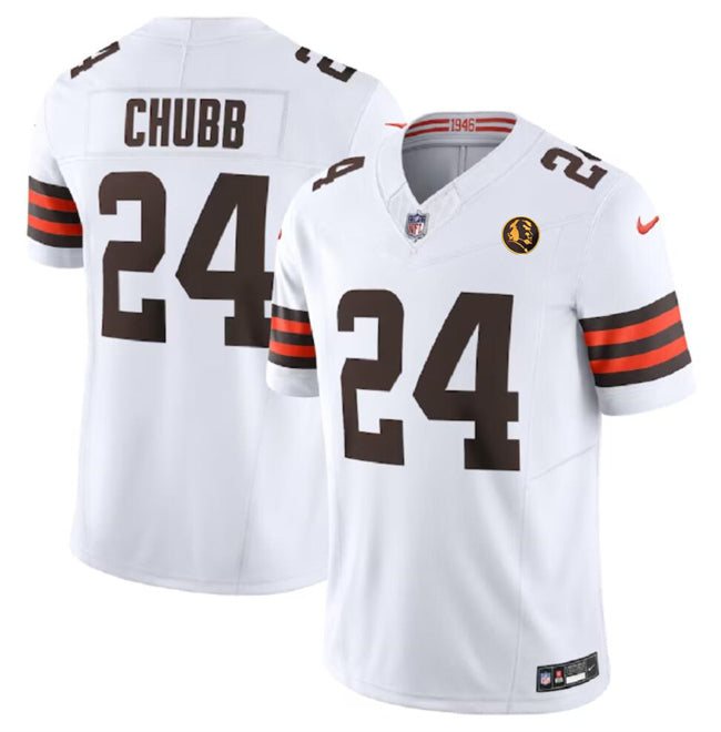Mens Cleveland Browns #24 Nick Chubb White 2023 FUSE With John Madden Patch Vapor Limited Stitched Football Jersey