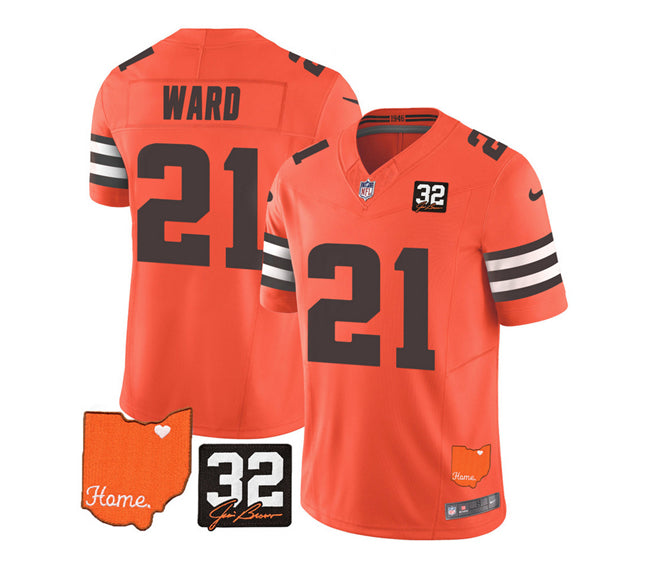 Mens Cleveland Browns #21 Denzel Ward Orange 2023 FUSE With Jim Brown Memorial Patch Vapor Untouchable Limited Stitched Jersey