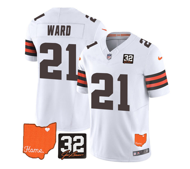 Mens Cleveland Browns #21 Denzel Ward White 2023 FUSE With Jim Brown Memorial Patch Vapor Untouchable Limited Stitched Jersey