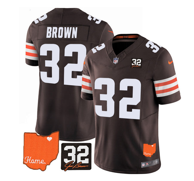 Mens Cleveland Browns #32 Jim Brown Brown 2023 FUSE With Jim Brown Memorial Patch Vapor Untouchable Limited Stitched Jersey