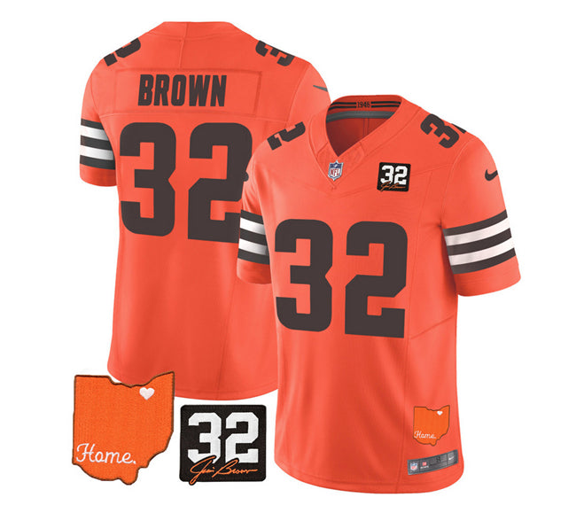 Mens Cleveland Browns #32 Jim Brown Orange 2023 FUSE With Jim Brown Memorial Patch Vapor Untouchable Limited Stitched Jersey