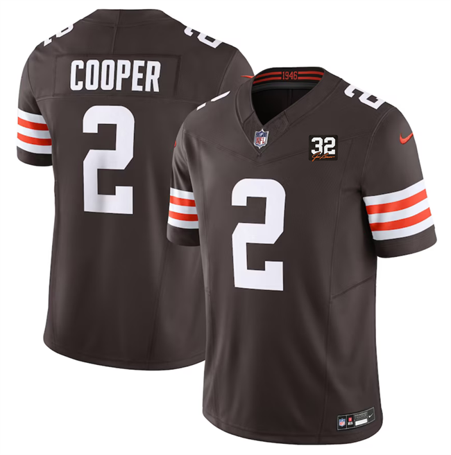 Mens Cleveland Browns #2 Amari Cooper Brown 2023 FUSE With Jim Brown Memorial Patch Vapor Untouchable Limited Stitched Jersey