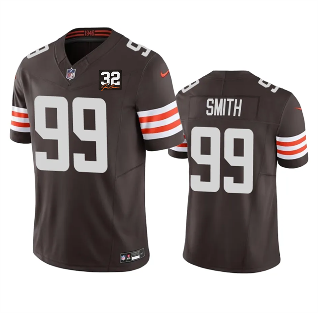 Mens Cleveland Browns #99 ZaDarius Smith Brown 2023 FUSE With Jim Brown Memorial Patch Vapor Untouchable Limited Stitched Jersey