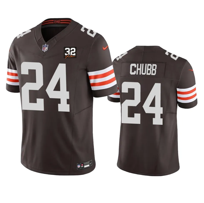 Mens Cleveland Browns #24 Nick Chubb Brown 2023 FUSE With Jim Brown Memorial Patch Vapor Untouchable Limited Stitched Jersey