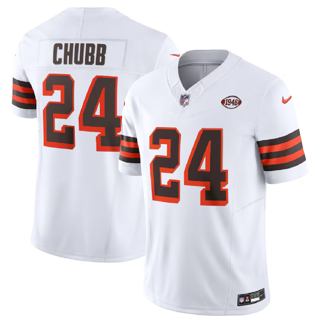 Mens Cleveland Browns #24 Nick Chubb White 2023 FUSE 1946 Collection Vapor Untouchable Limited Stitched Jersey