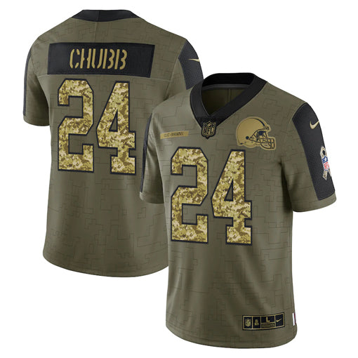 Mens Cleveland Browns #24 Nick Chubb 2021 Olive Camo Salute To Service Limited Stitched Jersey