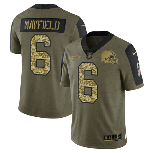 Mens Cleveland Browns #6 Baker Mayfield 2021 Olive Camo Salute To Service Limited Stitched Jersey