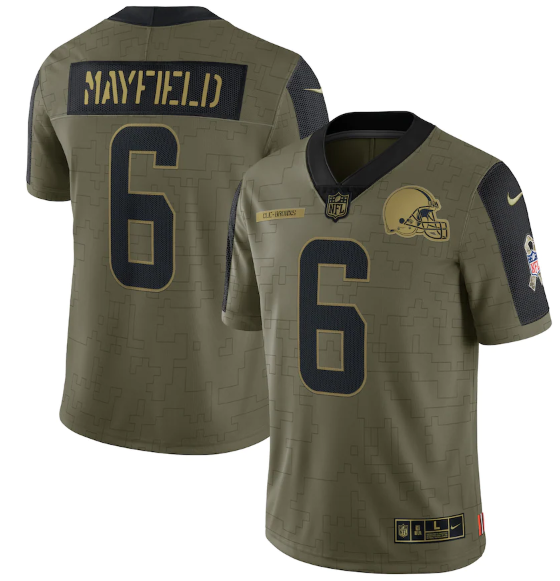 Mens Cleveland Browns #6 Baker Mayfield 2021 Olive Salute To Service Limited Stitched Jersey