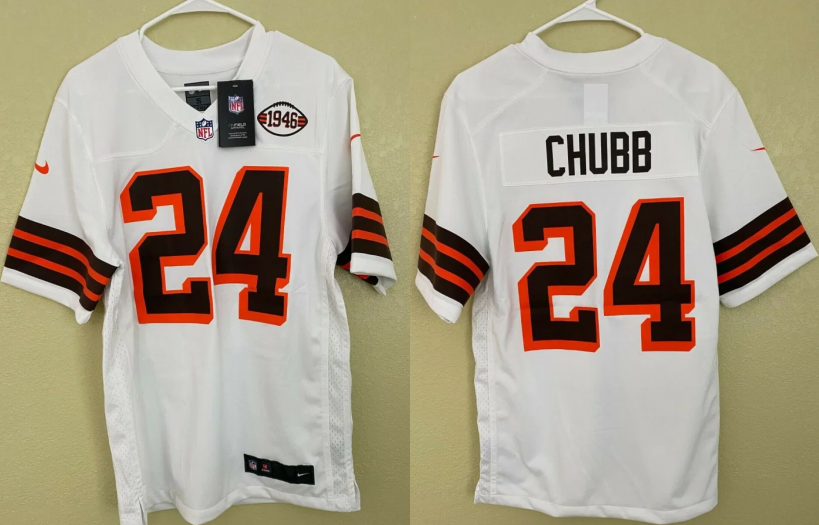 Mens Cleveland Browns #24 Nick Chubb White 1946 throwback Stitched Jersey