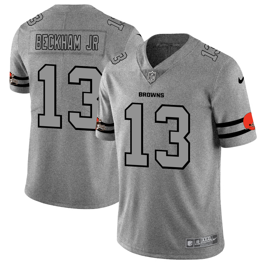 Mens Cleveland Browns #13 Odell Beckham Jr 2019 Gray Gridiron Team Logo Limited Stitched NFL Jersey