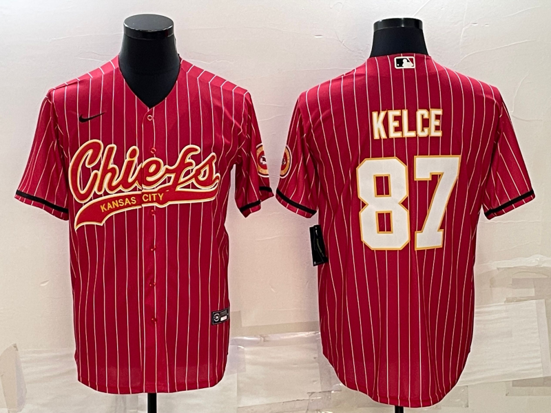 Mens Kansas City Chiefs #87 Travis Kelce Red With Patch Cool Base Stitched Baseball Jersey
