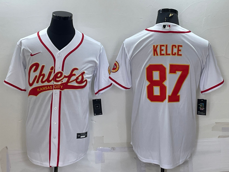 Mens Kansas City Chiefs #87 Travis Kelce White With Patch Cool Base Stitched Baseball Jersey
