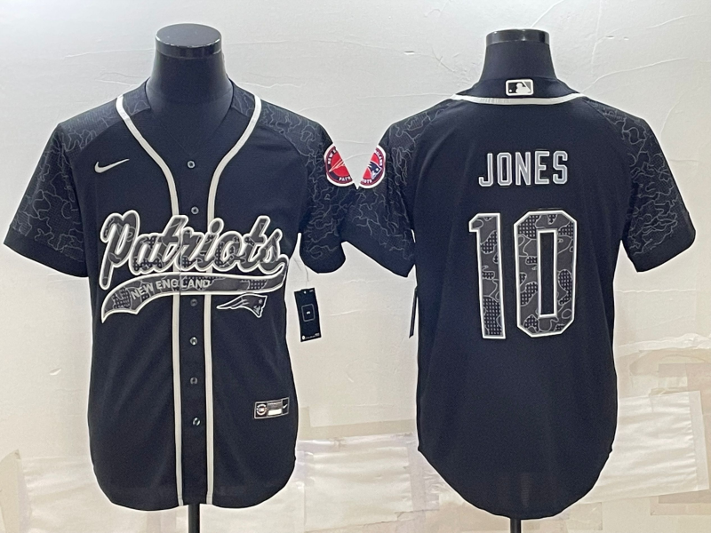 Mens New England Patriots #10 Mac Jones Black Reflective With Patch Cool Base Stitched Baseball Jersey
