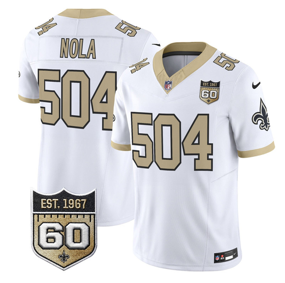 Mens New Orleans Saints #504 Nola White FUSE 60th Anniversary Patch Vapor Limited Stitched Football Jersey