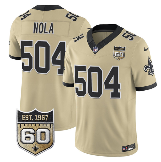 Mens New Orleans Saints #504 Nola Gold FUSE 60th Anniversary Patch Vapor Limited Stitched Football Jersey