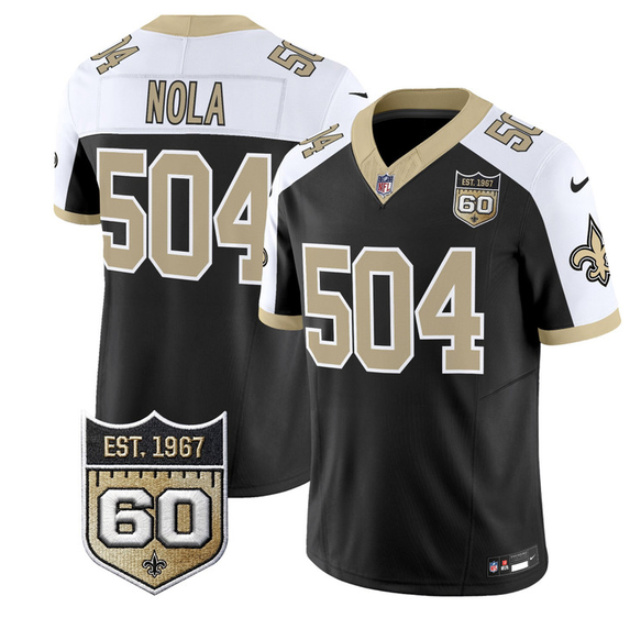 Mens New Orleans Saints #504 Nola Black Alternate FUSE 60th Anniversary Patch Vapor Limited Stitched Football Jersey