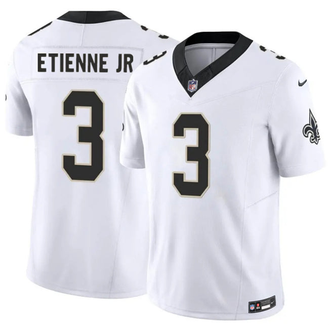Mens New Orleans Saints #3 Travis Etienne Jr White 2026 FUSE Vapor Limited Stitched Football Jersey