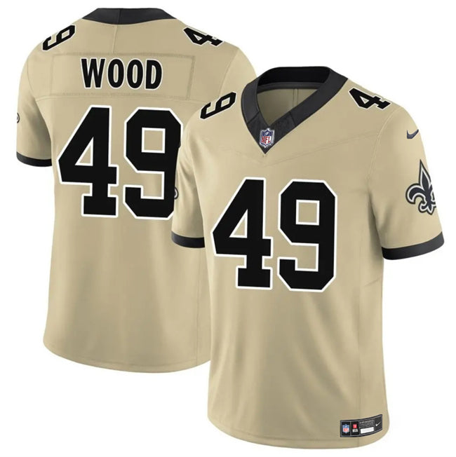 Mens New Orleans Saints #49 Zach Wood Gold 2025 FUSE Alternate Vapor Limited Stitched Football Jersey