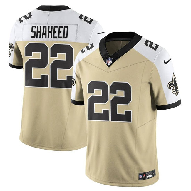 Mens New Orleans Saints #22 Rashid Shaheed Gold/White Alternate 2025 FUSE Vapor Limited Stitched Football Jersey