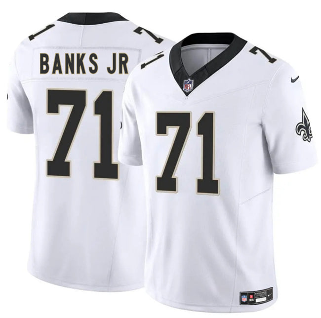 Mens New Orleans Saints #71 Kelvin Banks Jr White 2025 Draft FUSE Vapor Limited Stitched Football Jersey
