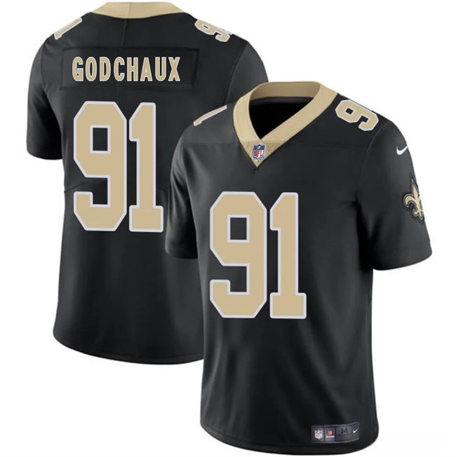 Mens New Orleans Saints #91 Davon Godchaux Black 2025 Vapor Limited Stitched Football Jersey