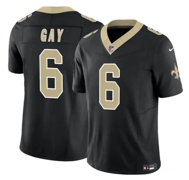 Mens New Orleans Saints #6 Willie Gay Black 2023 FUSE Vapor Limited Stitched Football Jersey