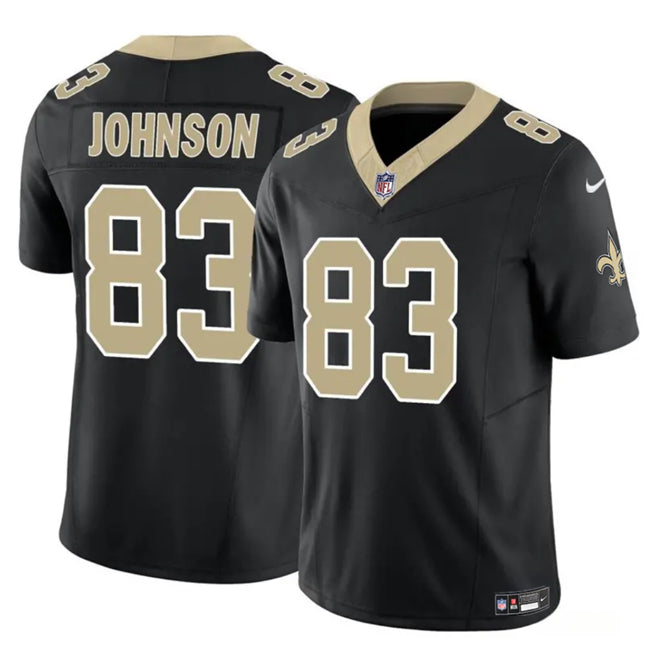 Mens New Orleans Saints #83 Juwan Johnson Black 2023 FUSE Vapor Untouchable Limited Stitched Jersey