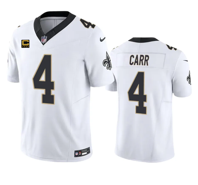 Mens New Orleans Saints #4 Derek Carr White 2023 FUSE With 4-Star C Patch Vapor Untouchable Limited Stitched Jersey