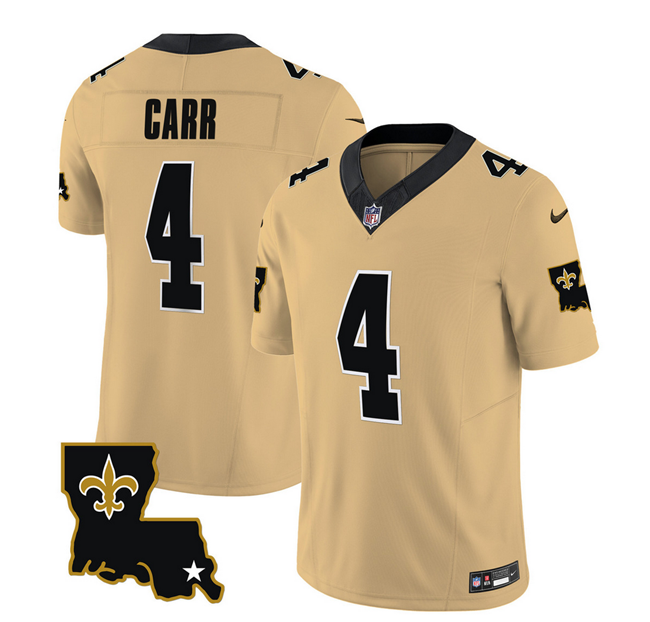 Mens New Orleans Saints #4 Derek Carr Gold 2023 FUSE 1987 Legacy Vapor Stitched Jersey