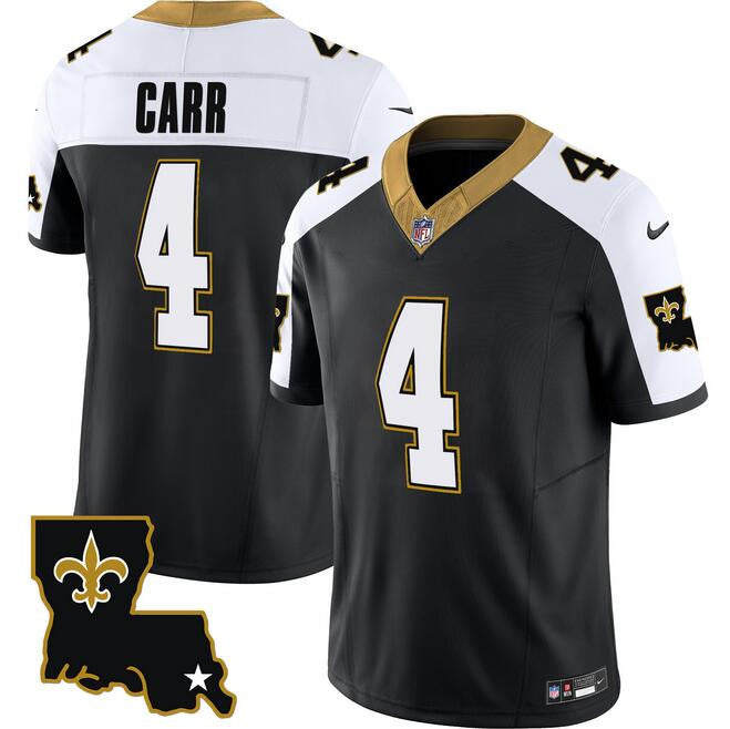 Mens New Orleans Saints #4 Derek Carr Black White 2023 FUSE 1987 Legacy Vapor Stitched Jersey