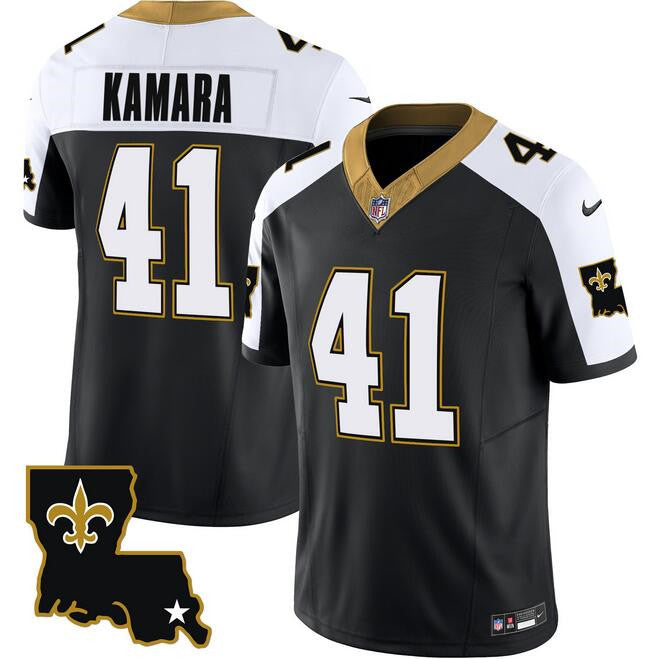 Mens New Orleans Saints #41 Alvin Kamara Black White 2023 FUSE 1987 Legacy Vapor Stitched Jersey