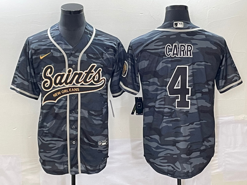 Mens New Orleans Saints #4 Derek Carr Grey Camo With Patch Cool Base Stitched Baseball Jersey
