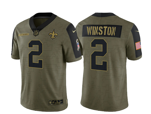Mens New Orleans Saints #2 Jameis Winston 2021 Olive Salute To Service Limited Stitched Jersey