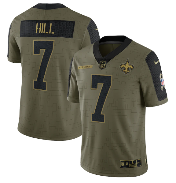Mens New Orleans Saints #7 Taysom Hill 2021 Olive Salute To Service Limited Stitched Jersey