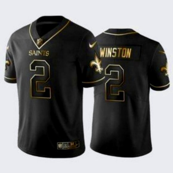 Mens New Orleans Saints #2 Jameis Winston Black Gold Stitched Jersey