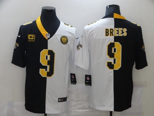 Mens New Orleans Saints #9 Drew Brees Black White Split With C Patch Stitched Jersey