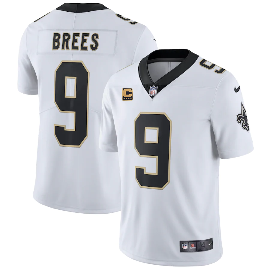 Mens New Orleans Saints #9 Drew Brees White With C Patch Stitched NFL Jersey