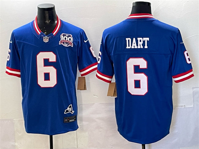 Mens New York Giants #6 Jaxson Dart Royal 2025 Draft FUSE 100th Season State Patch Vapor Limited Stitched Football Jersey