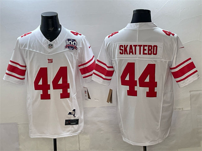 Mens New York Giants #44 Cam Skattebo White 2025 Draft FUSE 100th Season State Patch Vapor Limited Stitched Football Jersey