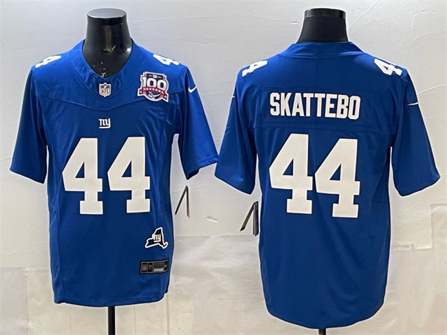 Mens New York Giants #44 Cam Skattebo Royal 2025 Draft FUSE 100th Season State Patch Vapor Limited Stitched Football Jersey