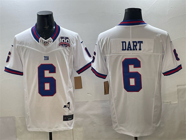 Mens New York Giants #6 Jaxson Dart White 2025 Draft FUSE 100th Season State Patch Vapor Limited Stitched Football Jersey