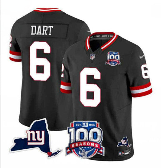 Mens New York Giants #6 Jaxson Dart Black 2025 Draft FUSE 100th Season State Patch Vapor Limited Stitched Football Jersey